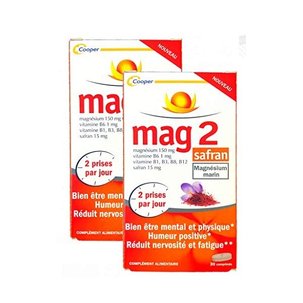 Mag 2 Safran - Pack 1 Mois - Magnésium marin Safran - Bien Etre Mental et Physique - Lot de 2 x 30 Comp 2 