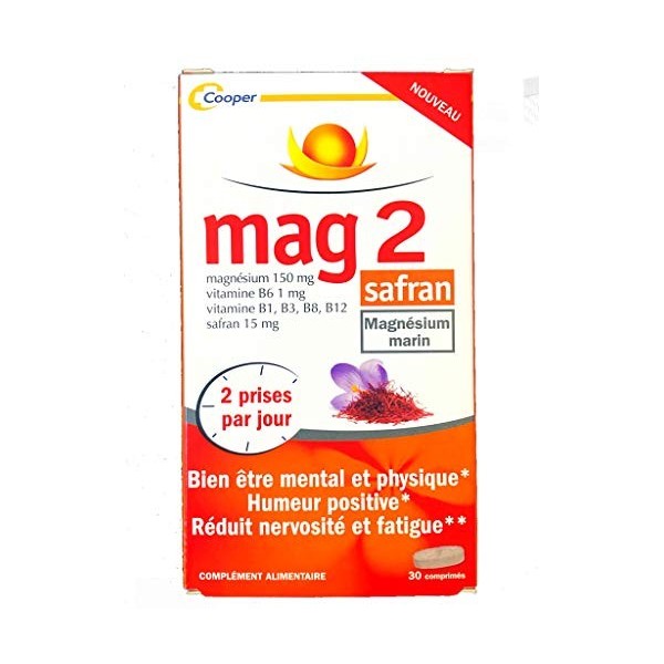 Mag 2 Safran - Pack 1 Mois - Magnésium marin Safran - Bien Etre Mental et Physique - Lot de 2 x 30 Comp 2 