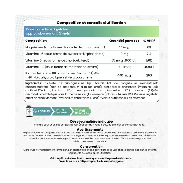 Citrate de Magnésium et Vitamines B6, B9 Folate, B12 et D3. Fatigue, Fonction Musculaire, Articulations et Homocystéine - 120