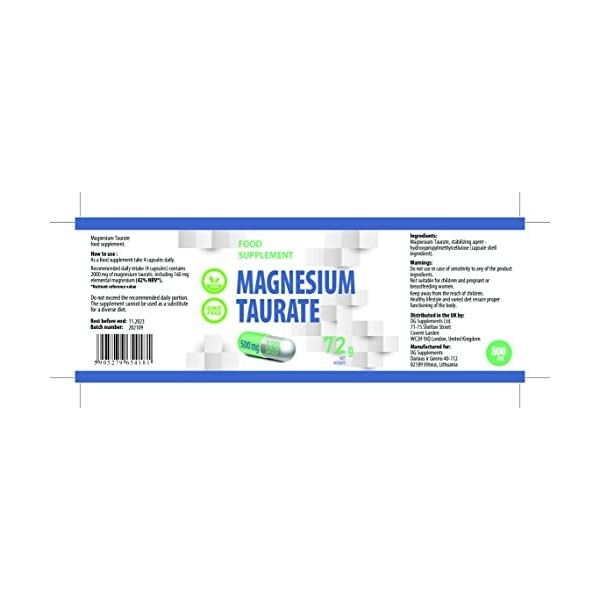 Taurate de magnésium 2000mg par portion 120 Gélules Végétales, Certificat danalyse dAGROLAB Allemagne, très puissant, sans 