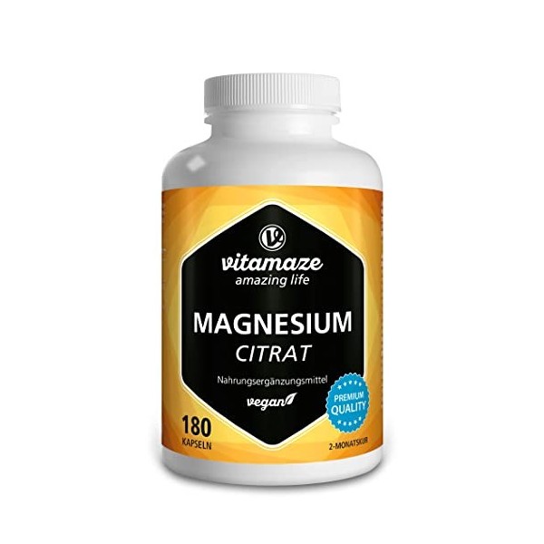 Citrate de Magnésium Haute Dose 2.250 mg -180 Géules de Pur Dicitrate de Tri-Magnésium par Jour - Vengan et Naturel - Facile 