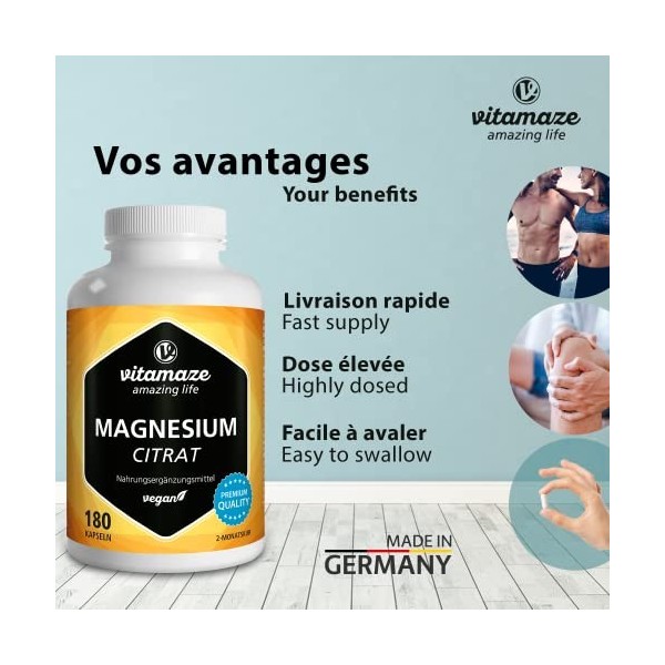 Citrate de Magnésium Haute Dose 2.250 mg -180 Géules de Pur Dicitrate de Tri-Magnésium par Jour - Vengan et Naturel - Facile 