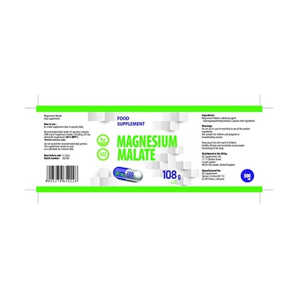 Malate de magnésium 2000mg par portion 180 Gélules Végétales, Testé par un Laboratoire tiers, sans gluten ni OGM