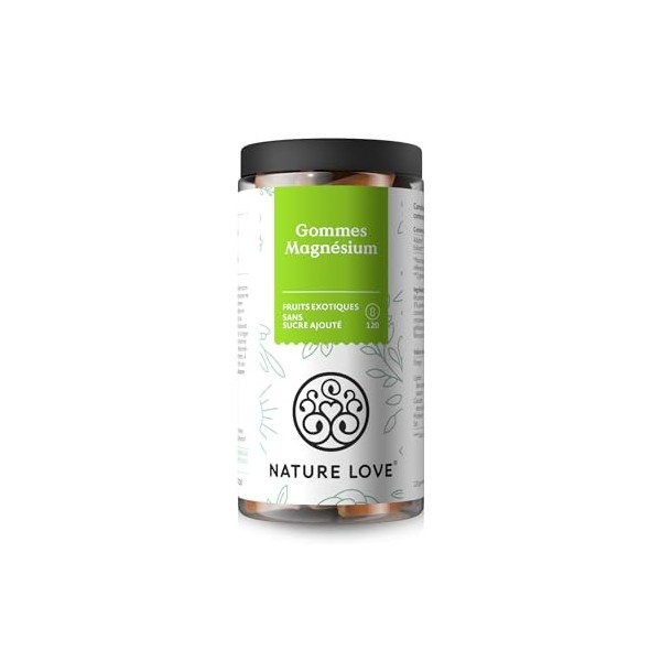 NATURE LOVE® Gommes Magnésium – 120 Gummies – sans sucre ajouté – adulte: 188mg de magnésium par jour, enfants: 126mg – alter