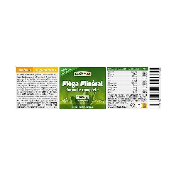 Greenfood Mega Mineral 1300 mg,dose extra élevée, 180 comprimés - Sans additifs artificiels. Sans génie génétique. Vegan.