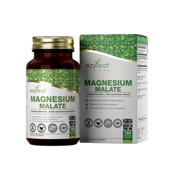 Ezyleaf Magnesium Malate | 1000mg Malate de Magnesium par Portion - 180 Capsules de Supplément de Magnésium Haute Teneur | Ca