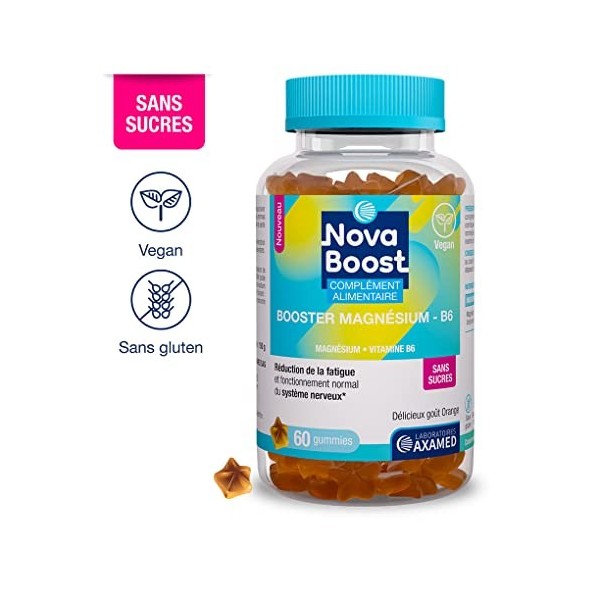 Novaboost - Complément Alimentaire - Gummies Booster Magnésium B6 - Saveur Orange Sans Sucres Ajoutés - Vegan & Sans Gluten -