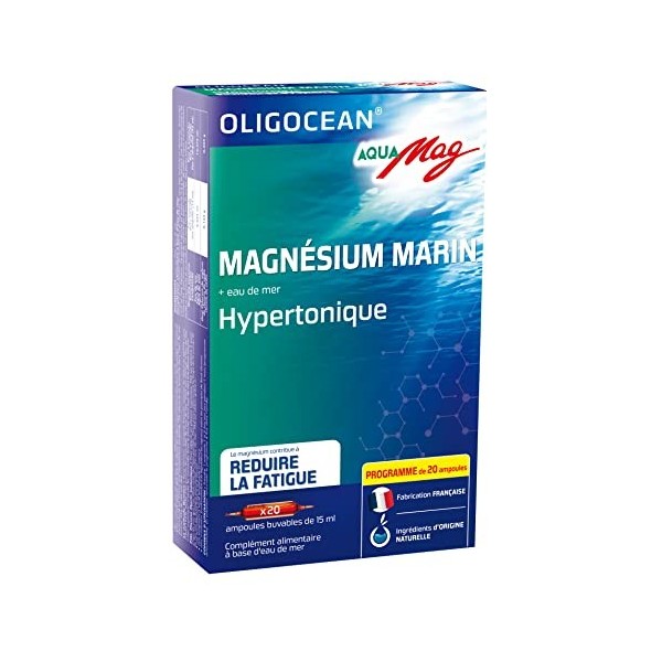 OLIGOCEAN - AQUAMAG - Magnésium Marin des côtes bretonnes - Reminéralisation, Réduire la fatigue - 20 ampoules de 15ml