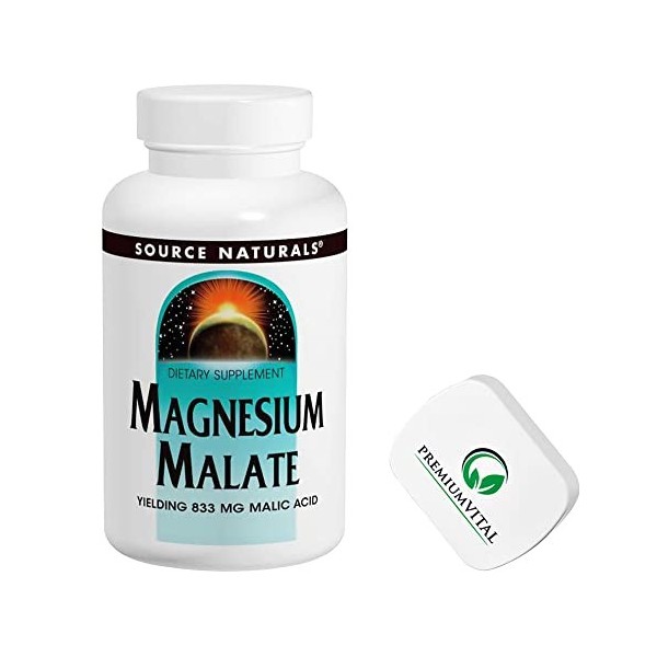 PremiumVital, Source Naturals, Magnésium Malate, 1.250mg, 90 Comprimés végétaliens, avec Pilulier Pratique, Testé en Laborato