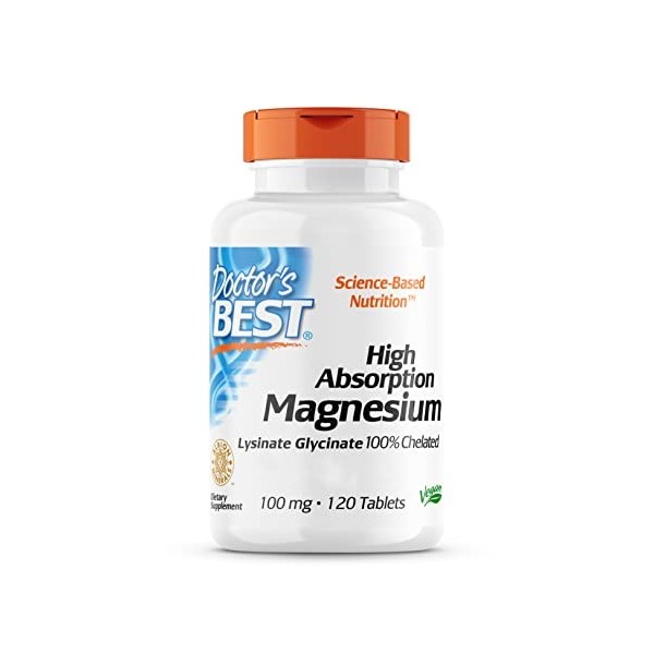 Doctors Best, High Absorption Magnesium, 100% Chélaté avec TRAACS, avec Glycine et Lysine, 120 Comprimés végétaliens, Testés