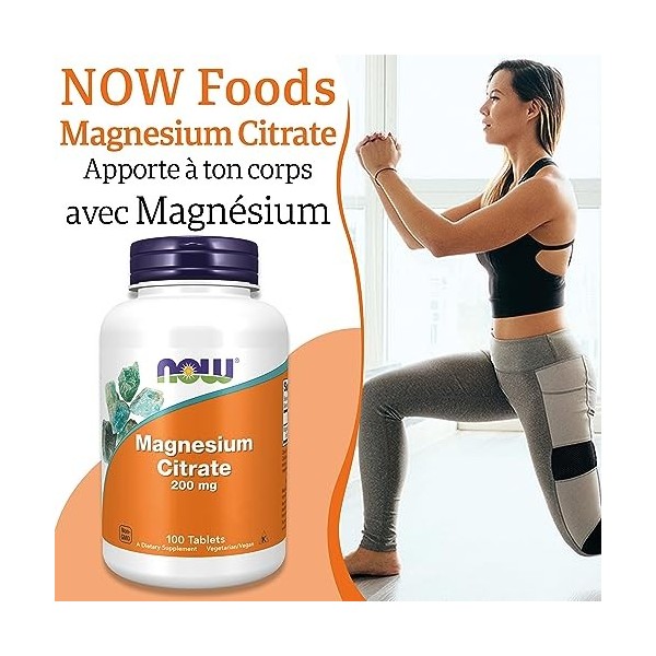 Now Foods, Magnesium Citrate, 200mg Magnésium, 100 Comprimés végétaliens, Testé en Laboratoire, Végétarien, Sans Gluten, Sans