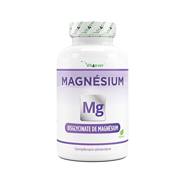 Bisglycinate de magnésium - 365 gélules - Premium : Magnésium chélaté - 155 mg de magnésium élémentaire par gélule - Vegan - 