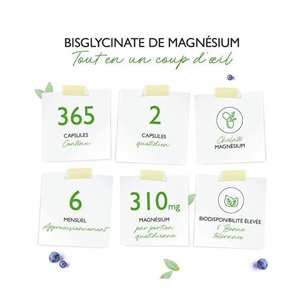 Bisglycinate de magnésium - 365 gélules - Premium : Magnésium chélaté - 155 mg de magnésium élémentaire par gélule - Vegan - 