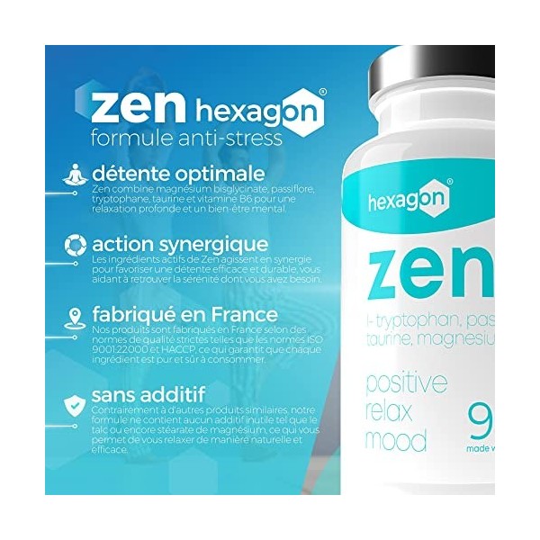 ZEN - Complexe Anti-Stress - Magnésium Bisglycinate, Passiflore, L-Tryptophane, Taurine, Vitamine B6 - Favorise la Détente - 