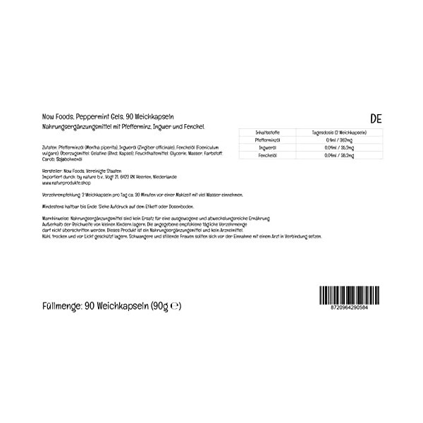 Now Foods, Peppermint Gels, Huile de Menthe Poivrée, avec Gingembre et Fenouil, 90 Capsules molles, Testé en Laboratoire, San