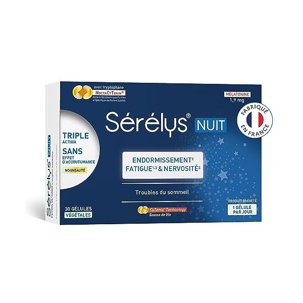 Sérélys NUIT - Complément Alimentaire Troubles du Sommeil, Sueurs Nocturnes - Endormissement, Fatigue, Nervosité - Produit Br