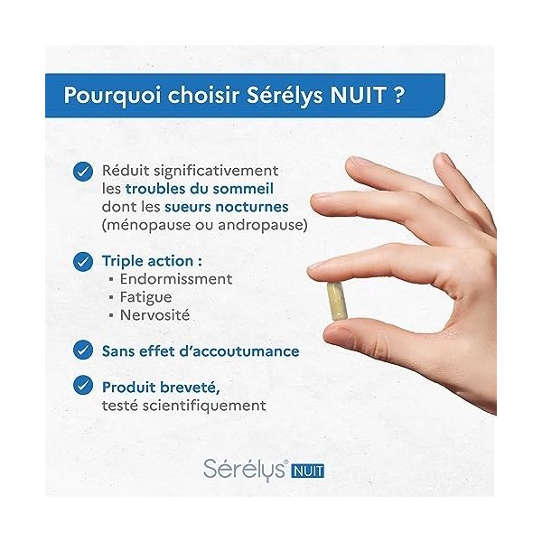 Sérélys NUIT - Complément Alimentaire Troubles du Sommeil, Sueurs Nocturnes - Endormissement, Fatigue, Nervosité - Produit Br