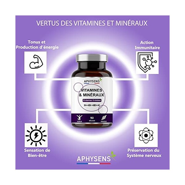 Vitamines et Minéraux |19 Nutriments haute absorption- A,B,C,D,K,Biotine,zinc,magnésium- prévient les carences | 90 gélules S