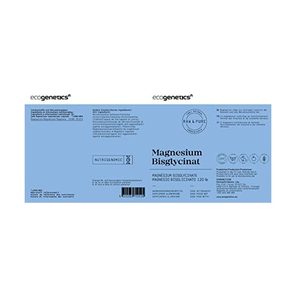 Ecogenetics Magnésium Bisglycinate - Doublement Chélaté pour Haute Absorption, Combat la Fatigue et le Stress - 120 Comprimés