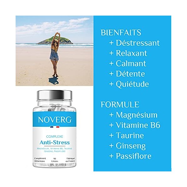 Anti-Stress | Diminue Anxiété & Fatigue Mentale | Relaxation, Détente & Sérénité | Magnésium, Vitamine B6, Taurine, Ginseng, 