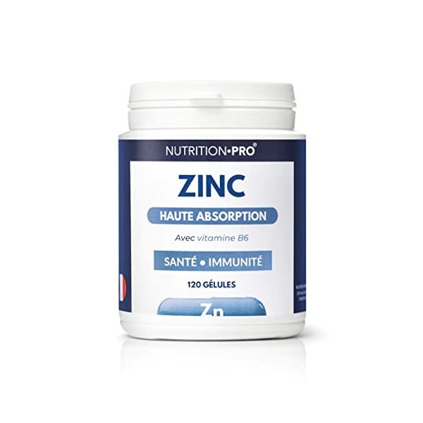 ZINC - 120 gélules | Avec vitamine B6 | Haute absorption | Santé | Immunité | 100% naturel | Fabriqué en France | Nutrition p