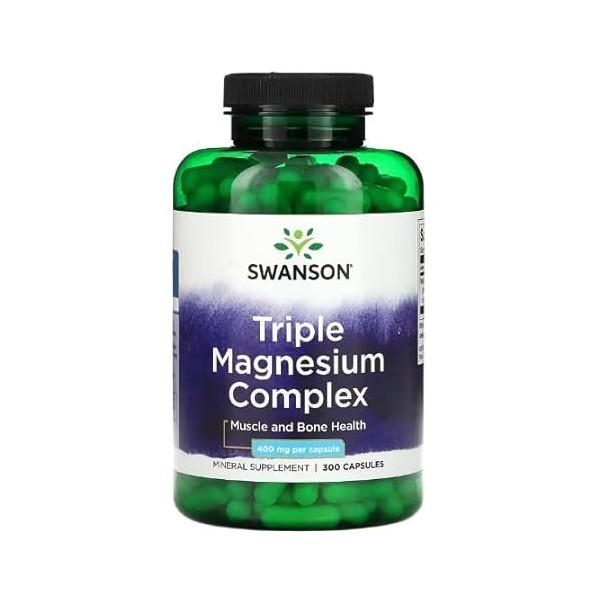 Swanson Complexe Triple Magnésium 400mg - 300 Capsules | Supplément Hautement Absorbable pour la Santé Musculaire et Nerveuse