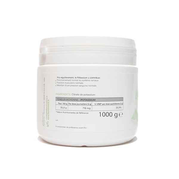 Benessence - Citrate de potassium soluble en poudre - 1000 g - 500 Jours dIntégration