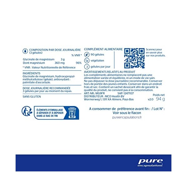 Pure Encapsulations - Glycinate de Magnésium 120mg - Magnésium Chélaté Biodisponible - Complément Anti-Fatigue - 90 Gélules V