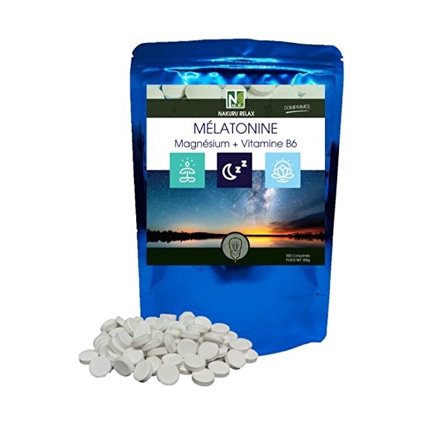 NAKURU | Mélatonine Forte 1,8mg - Magnésium - Vitamine B6 | Gamme Relax/Fabriqué en France 500 Comprimés de 600mg / Poids Ne