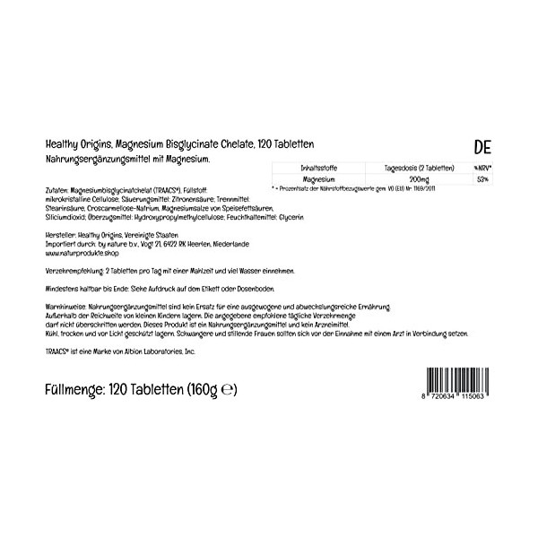 Healthy Origins, Magnesiumbisglycinat, 200mg de Magnésium, 120 Comprimés végétaliens, Testé en Laboratoire, Végétarien, Sans 