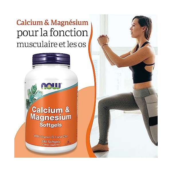 Now Foods, Calcium & Magnesium Softgels, 240 Capsules molles, Testé en Laboratoire, Vitamine D3, Zinc, Sans Gluten