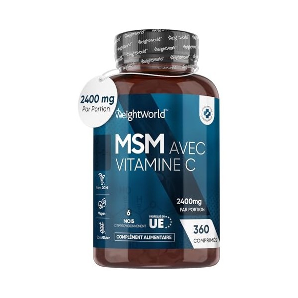 MSM Vitamine C 2400mg + 100mg - 360 Comprimés Vegan, 6 Mois , Soufre MSM-Méthyl Sulfonyl Méthane + Acide Ascorbique, Altern