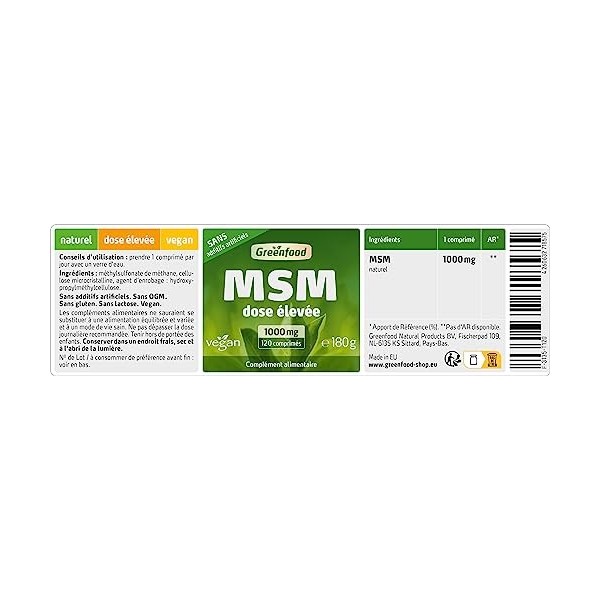 Greenfood MSM, 1000 mg, dose élevée, 120 comprimés, Vegan - Haute disponibilité. SANS additifs artificiels.