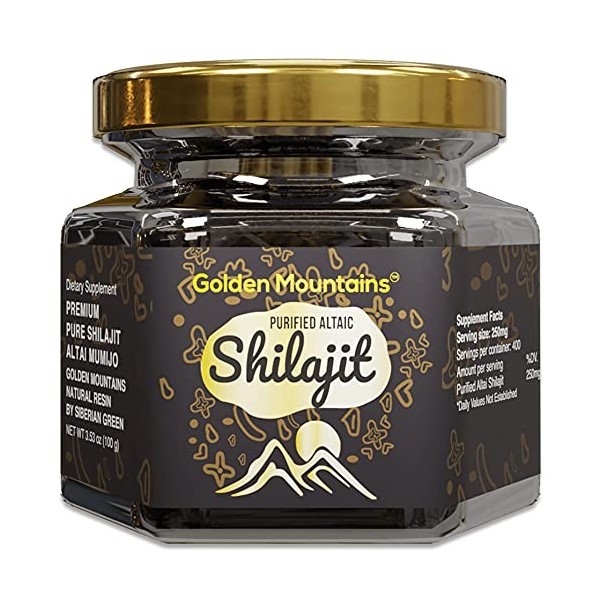 Pure résine authentique de Shilajit de lAltai Sibérien "Montagnes Dorées" 100g - Cuillère à mesurer - Certificat de qualité 