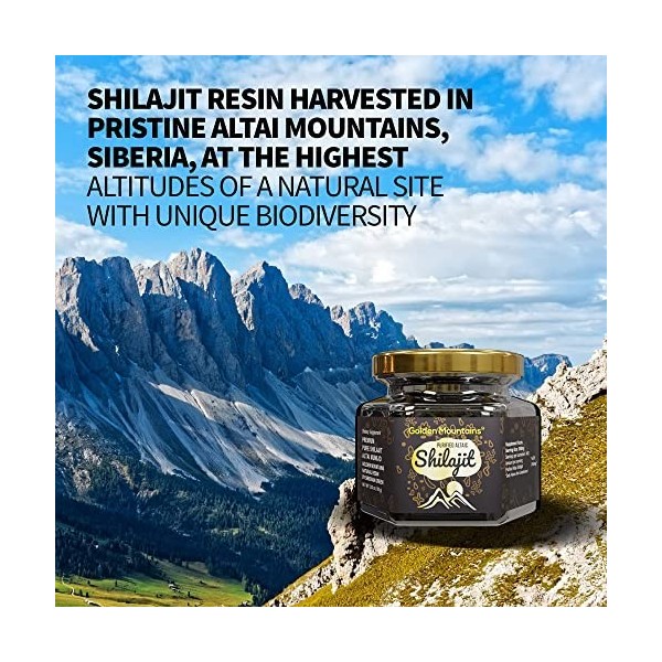 Pure résine authentique de Shilajit de lAltai Sibérien "Montagnes Dorées" 100g - Cuillère à mesurer - Certificat de qualité 