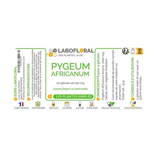 Pygeum Africanum Labofloral 50 gélules dosées à 250 mg - Complément alimentaire - Prostate - Fabriqué en france