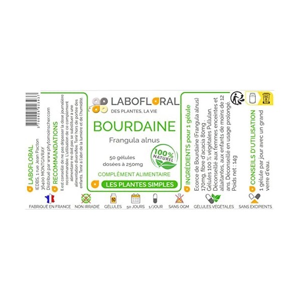 Bourdaine Labofloral 50 gélules dosées à 250 mg - Complément alimentaire - Laxatif naturel, constipation - Fabriqué en france