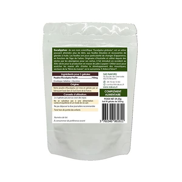 NAKURU | Eucalyptus | Gamme Boost | Fabriqué en France | "LArbre à Fièvre !" | 90 Gélules de 325mg / Poids Net: 29,25g 