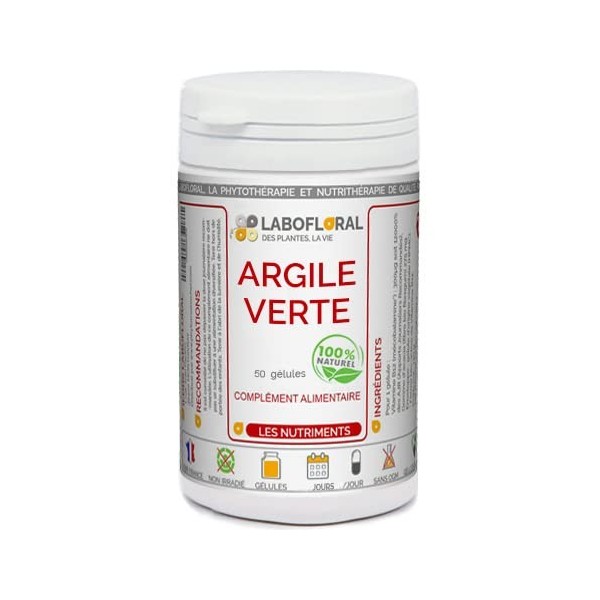 Argile verte Labofloral 50 gélules dosées à 450 mg - Complément alimentaire - Propriétés apaisantes, cicatrisantes et nettoya