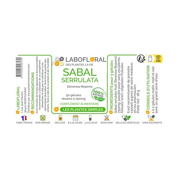 Sabal serrulata Labofloral 50 gélules dosées à 250 mg - Complément alimentaire - Prostate - Fabriqué en france