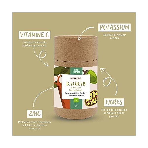 Poudre de Baobab BIO 100g | Superaliment | Immunité, Digestion, Anti-âge, Système articulaire et osseux | Rue des Plantes