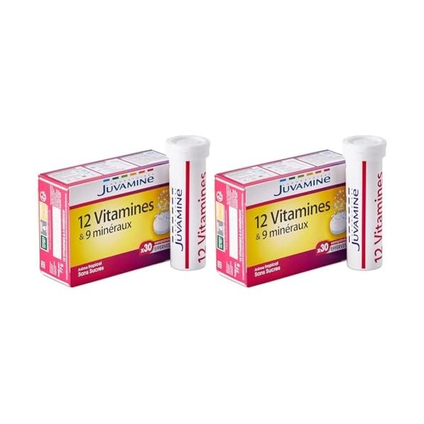 JUVAMINE - 12 Vitamines & 9 Minéraux - Aide à réduire la fatigue - 30 Comprimés Effervescents Lot de 2 