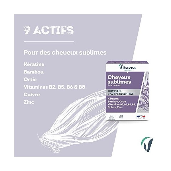 Vitavea - Complément Alimentaire Cheveux Sublimes - Soin Cheveux - Eclat et Volume - 9 Actifs - Zinc, Cuivre, Ortie, Vitamine