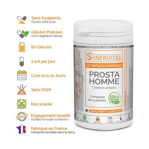 Prosta Homme - 60 gélules dosées à 300mg - Complexe de plantes pour la Prostate, les troubles urinaires - Sabal - Courge - Ep