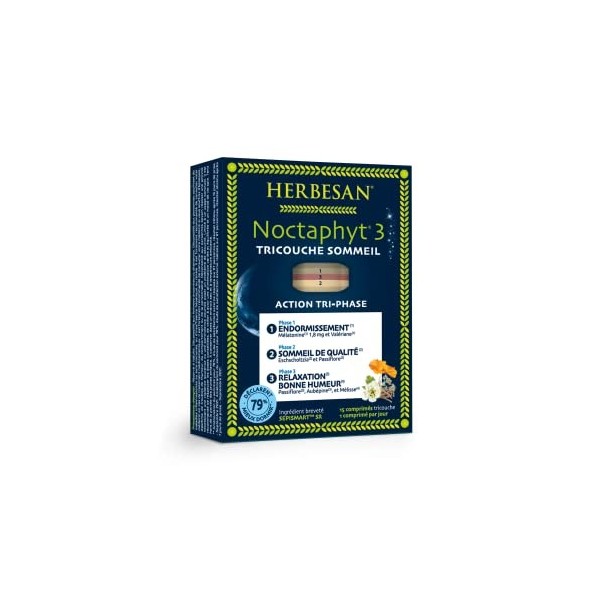 HERBESAN®-NOCTAPHYT 3 TRICOUCHE SOMMEIL -Endormissement, Sommeil De Qualité, Relaxation, Bonne Humeur - Mélatonine 1,8 mg- 15