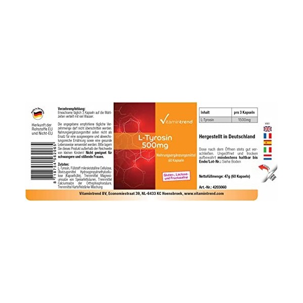 L-Tyrosine 500mg - 60 gélules - Acide aminé protéinogène - hautement dosé | Vitamintrend®