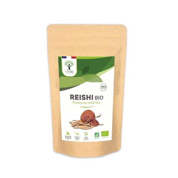 BIOPTIMAL - Reishi bio - Superaliment - Poudre de Reishi Pur - Cholestérol Immunité Circulation - Fibres Protéines - Origine 