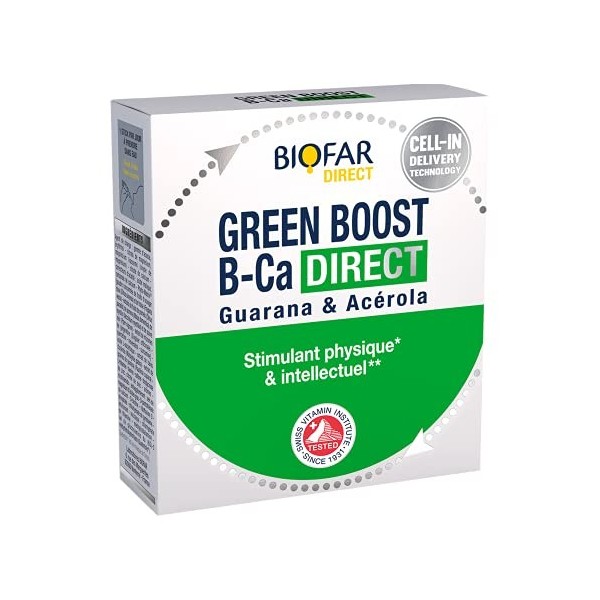 BIOFAR - GREEN BOOST B-CA DIRECT - Complément Alimentaire - Stimulant Physique + Intellectuel - Goût Cappuccino - Sans Sucre 