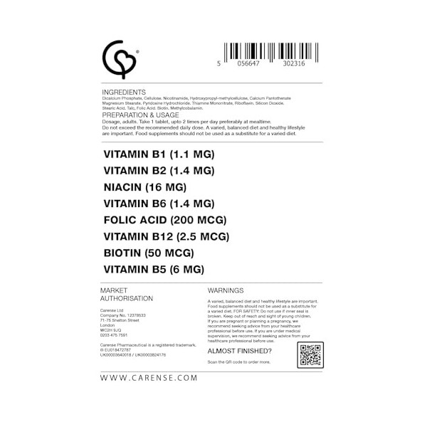 Carense Pharmaceutical | Complexe de vitamine B | 120 comprimés 4 mois dapprovisionnement | Soutient lénergie normale, le