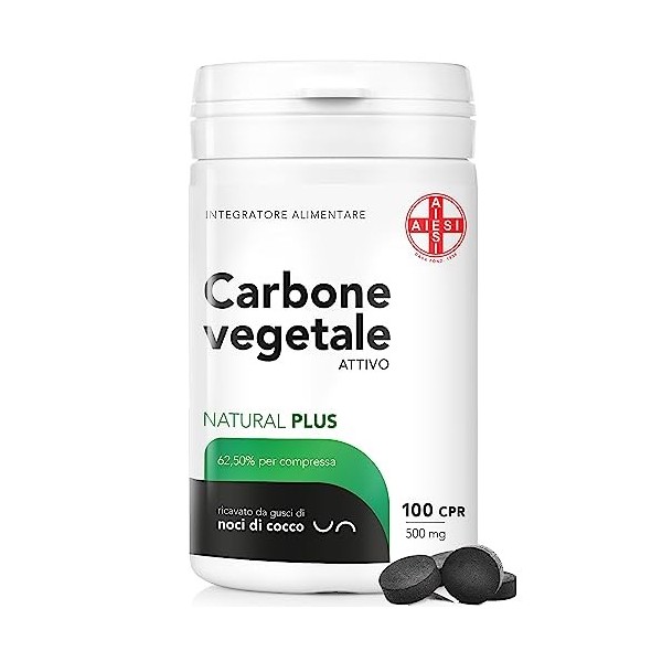 AIESI® Charbon végétal activé de qualité alimentaire en comprimés de 500 mg pot de 100 cpr , Fabriqué en Italie